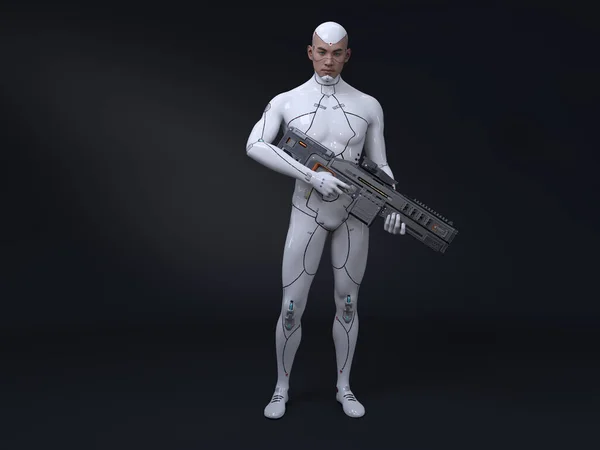 Render Portrait Futuristic Male Humanoid Robot Armed Gun Weapon Cyberpunk — Zdjęcie stockowe