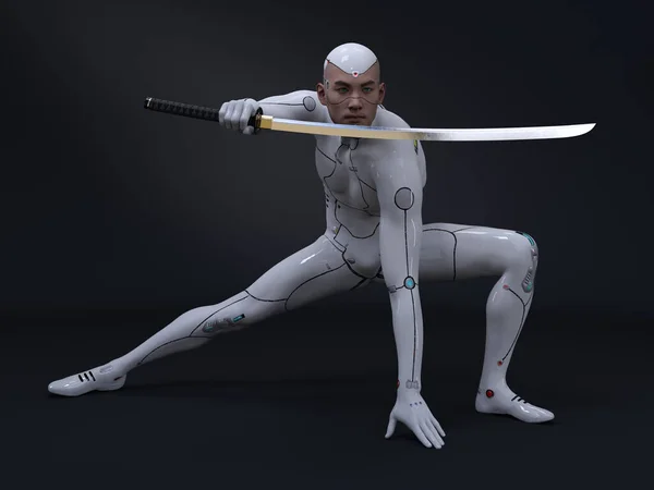 3D render : portrait of futuristic male humanoid robot armed with katana sword, cyberpunk concept