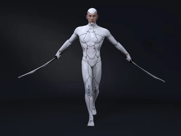 Render Portrait Futuristic Male Humanoid Robot Armed Katana Sword Cyberpunk — Zdjęcie stockowe