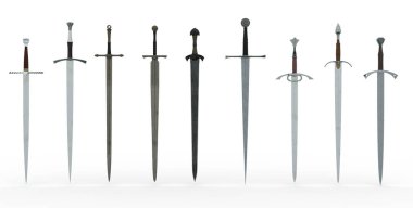 3D Render: Beyaz arkaplanda izole edilmiş farklı tip ortaçağ Viking kılıç koleksiyonu, kırpma yolu
