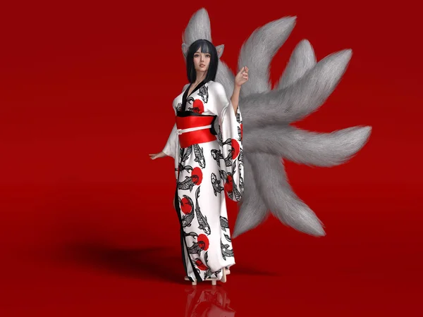 Render Portret Samicy Dziewięciogonowego Lisa Japońskim Kimono Czerwonym Tłem — Zdjęcie stockowe