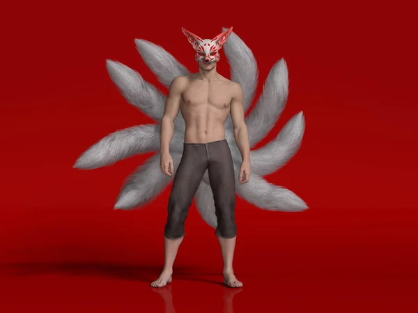 Render Portrait Male Nine Tailed Fox Wearing Kitsune Mask Red — Stock Photo, Image