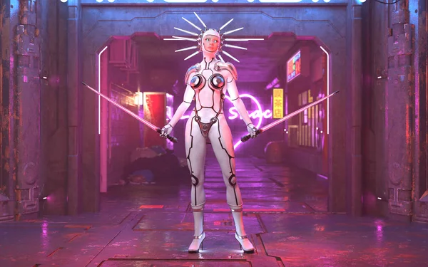 3Dレンダリング 光レーザー剣で武装した未来的な女性人型ロボットの肖像画 サイバーパンクの概念 — ストック写真