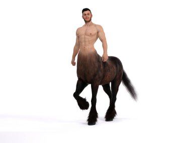 3D Resim: Stüdyo arka planında vücuduna poz veren yakışıklı bir erkek Centaur portresi