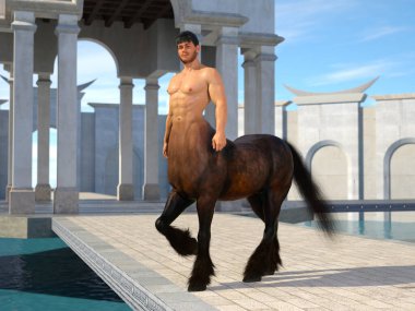 3D görüntüleme: Kale arka planında vücuduna poz veren yakışıklı bir erkek Centaur portresi