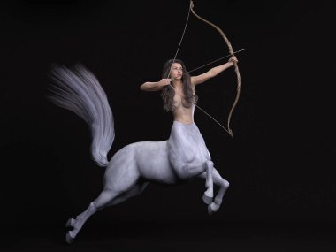 3D Hazırlama: Güzel kadın Centaur 'un bir portresi, vücuduna ok ve yayla poz veriyor.