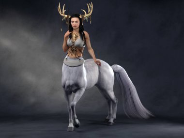 3D Hazırlama: Güzel kadın Centaur 'un bir portresi, vücuduna ok ve yayla poz veriyor.