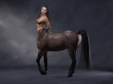 3D Hazırlama: Güzel kadın Centaur 'un bir portresi, vücuduna ok ve yayla poz veriyor.