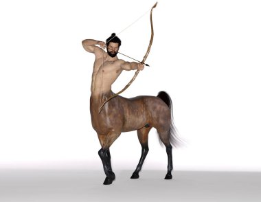3D görüntüleme: Yakışıklı erkek Centaur 'un bir portresi, vücuduna ok ve yayla poz veriyor.