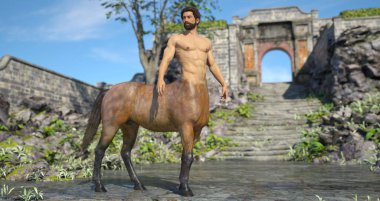3D çizim: Ormandaki yakışıklı erkek centaur portresi 