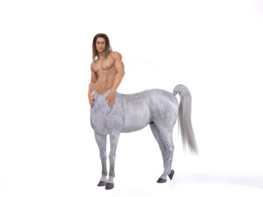 3D görüntüleme: Yakışıklı erkek Centaur 'un bir portresi, vücuduna ok ve yayla poz veriyor.