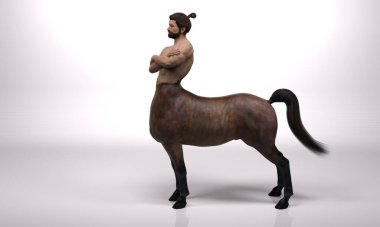 3D görüntüleme: Yakışıklı erkek Centaur 'un bir portresi, vücuduna ok ve yayla poz veriyor.