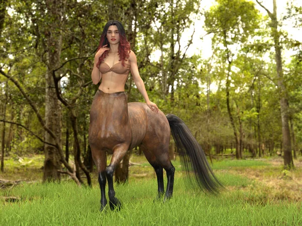 Rendering Portret Pięknej Kobiety Centaur Pozowanie Jej Ciało Tle Lasu — Zdjęcie stockowe