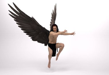 3D Render: Beyaz yalıtılmış arka planda kanatları olan yakışıklı savaşçı erkek meleğin portresi