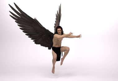 3D Render : Portrait of handsome warrior male angel with wings with the white isolated background, pin-up concept