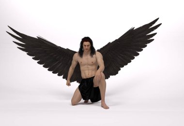 3D Render : Portrait of handsome warrior male angel with wings with the white isolated background, pin-up concept