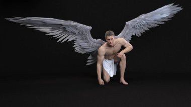 3D Render : Portrait of handsome warrior male angel with wings with the white isolated background, pin-up concept