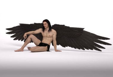 3D Render: Beyaz yalıtılmış arka planda kanatları olan yakışıklı savaşçı erkek meleğin portresi