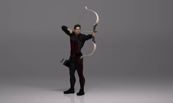 3D Render : A male archer pose practicing archery in the studio with  bow