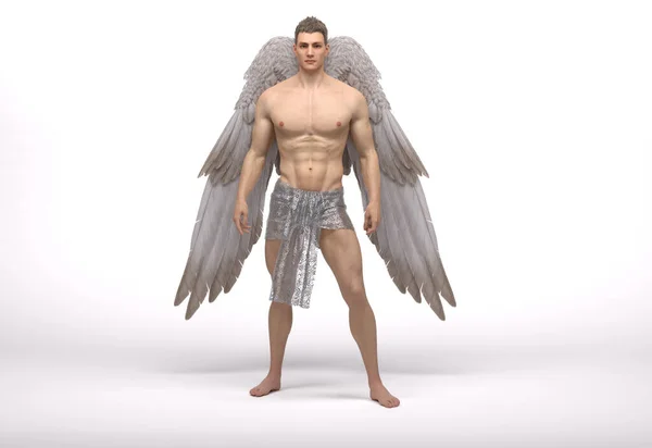 Render Portrait Handsome Warrior Male Angel Wings White Isolated Background — Stok fotoğraf