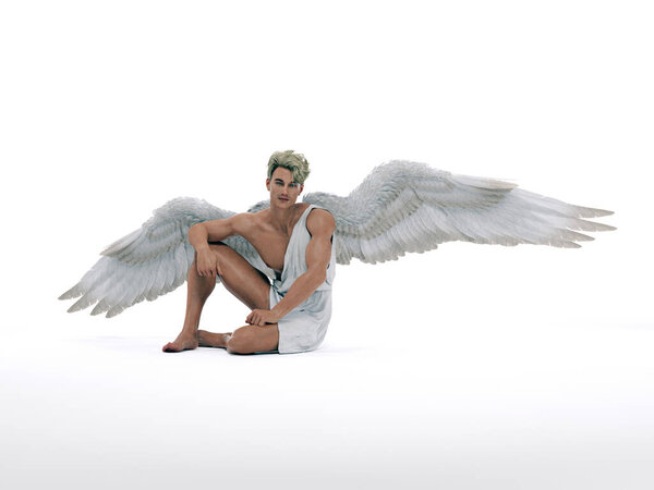 3D Render : Portrait of handsome warrior male angel with wings with the white isolated background, pin-up concept