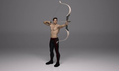 3D Render: Üstsüz bir erkek okçu, stüdyoda tahta yayla okçuluk yapıyor.