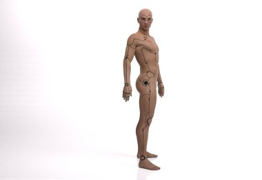 3D Render: Beyaz arka planda duran erkek sayborgun portresi