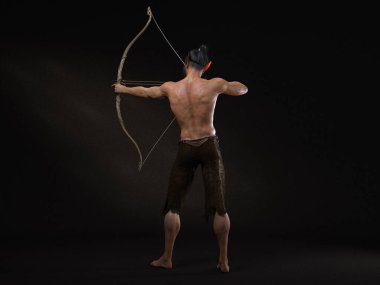 3D tasvir: Elf erkek karakterinin elinde tahta bir yay ve okla ayakta duran portresi