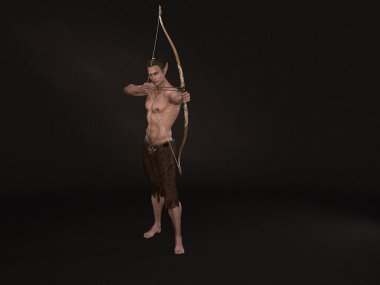 3D tasvir: Elf erkek karakterinin elinde tahta bir yay ve okla ayakta duran portresi