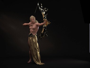 3D Hazırlama: Elf erkek karakterinin elinde altın bir ok ve yayla duran bir portresi, stüdyo arka planı