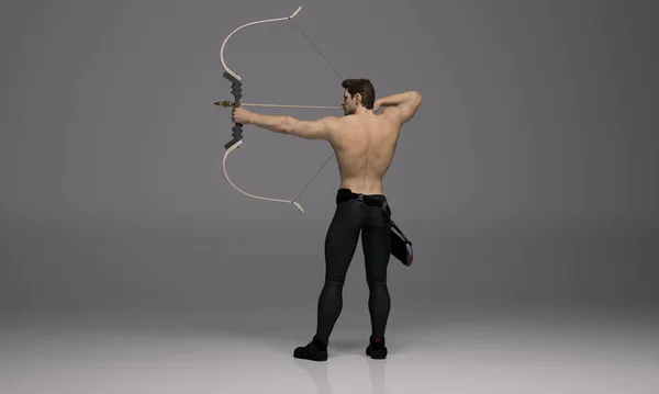 렌더링 셔츠가없는 아처는 스튜디오에서 양궁을 — 스톡 사진