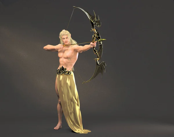 3D渲染 一个精灵男性角色的肖像 手握金色弓箭 工作室背景 — 图库照片
