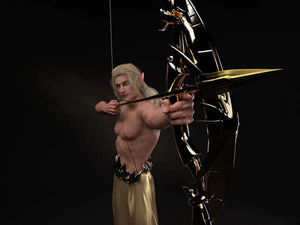 3D渲染 一个手握金色弓箭站立的精灵男性角色的肖像 — 图库照片