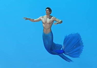 3D canlandırma: Bir fantezi deniz adamı karakteri derin mavi denizin altında yüzüyor.