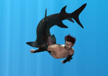 3D render: a fantasy merman creature character with shark tail is swimming under the deep blue sea clipart