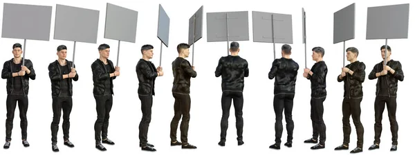 3D渲染 男模的全家福是拿着一个抗议标志 穿着正式的休闲装 有着不同的视角 包括剪贴路径 — 图库照片