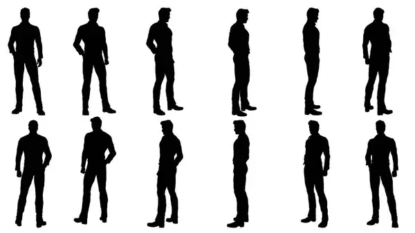 Collection Different Silhouette Male Body Posing Business Working Suit Isolated — Stock Vector