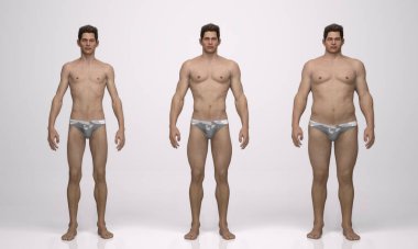 3D Render: Ayakta duran erkek gövde tipinin ön görünümü: ektomorf (sıska tip), mesomorf (kas tipi), endomorph (ağır ağırlık tipi))