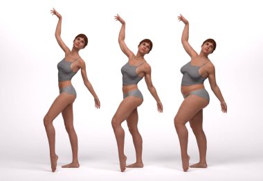 3D Render: Ayakta duran kadın vücut tipinin ön görünümü: ektomorf (sıska tip), mesomorf (kas tipi), endomorf (ağır ağırlık tipi))