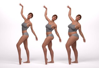 3D Render : Front view of standing female body type illustration : ectomorph (skinny type), mesomorph (muscular type), endomorph(heavy weight type) clipart