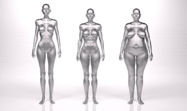 3D Render: Ayakta duran kadın vücut tipinin ön görünümü: ektomorf (sıska tip), mesomorf (kas tipi), endomorf (ağır ağırlık tipi))