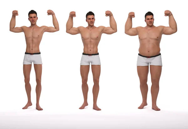 3Dレンダリング 立っている男性のボディタイプのフロントビュー 検収曲線 痩身タイプ Mesmorph 筋肉タイプ Endmorph 重量タイプ — ストック写真