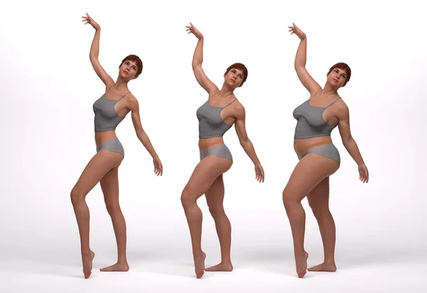 3Dレンダリング 立っている女性ボディタイプのイラストのフロントビュー エクソモルフ スキニータイプ メソモルフ 筋肉タイプ エンドモルフ 重量タイプ — ストック写真