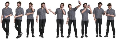 3D render : smiling young man character with smart phone in his hand with different body posture, clipping path included clipart