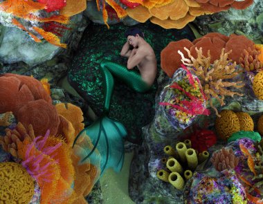 3D render: a fantasy merman creature character is sleeping  on the rock among coral reef under the sea clipart