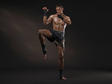3D Render: Erkek boksör portresi, Muay thai dövüş sanatları icra