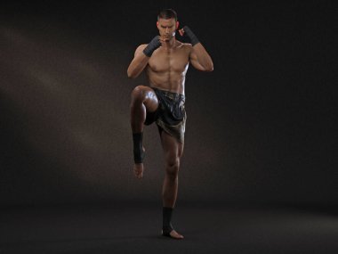 3D Render: Erkek boksör portresi, Muay thai dövüş sanatları icra