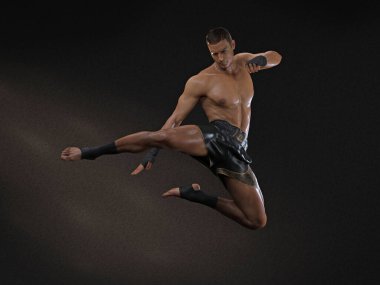 3D Render: Erkek boksör portresi, Muay thai dövüş sanatları icra