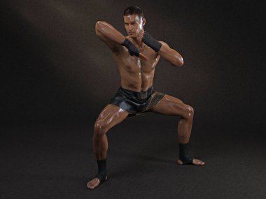 3D Render: Erkek boksör portresi, Muay thai dövüş sanatları icra