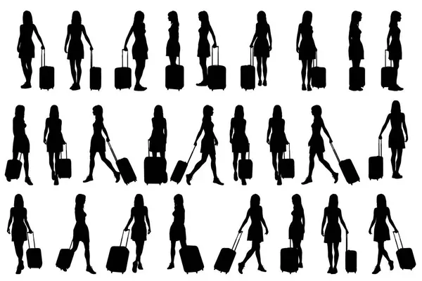 收集不同类型的带手提箱或行李的年轻女性旅行者特征 作为图形资源的独立载体 — 图库矢量图片#